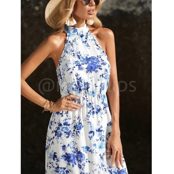 Floral Print Maxi Dress High Neck White Blue Long Flared Halter - Picture 2 of 6
